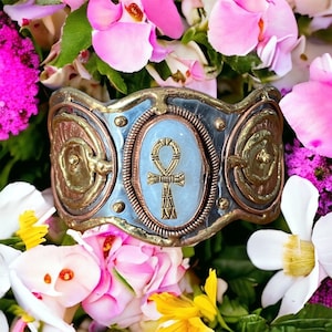 Egyptian Kemetic Jewelry! Moonstone w/Ankh charm cuff bracelet. #StraightPathJewelry #Egyptian Jewelry