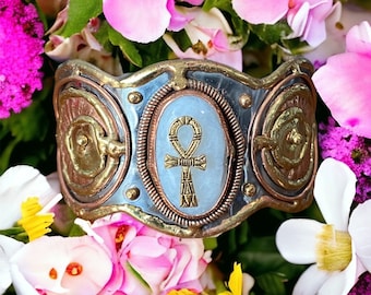 Moonstone Cuff Bracelet: Stainless Steel Egyptian Ankh Charm