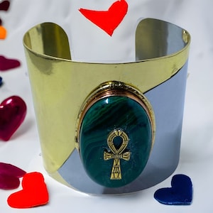 Malachite Ankh Cuff Bracelet: Ancient Egyptian Brass Jewelry