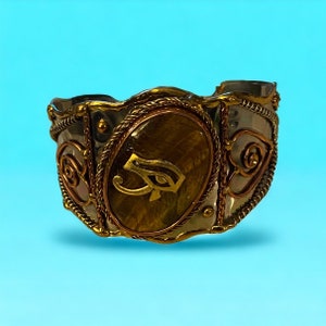 Egyptian Kemetic Jewelry Eye of Ra and Tiger's Eye semi-precious gemstone cuff bracelet. Gorgeous Egyptian-inspired jewelry image 6