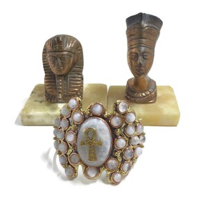 Ankh Charm Cuff Bracelet: Moonstone Egyptian Jewelry