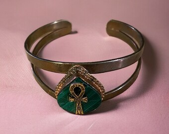 Ankh charm/Green Malachite gemstone on a magnificent Cuff Bracelet. #Egyptian #Egypt #Nubian #Kemetic #Ankh #Afrocentric