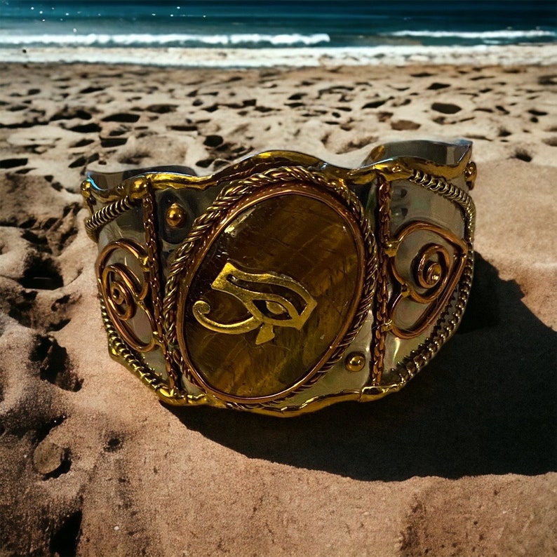 Egyptian Kemetic Jewelry Eye of Ra and Tiger's Eye semi-precious gemstone cuff bracelet. Gorgeous Egyptian-inspired jewelry image 3