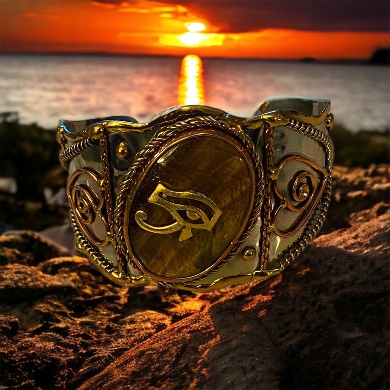 Egyptian Kemetic Jewelry Eye of Ra and Tiger's Eye semi-precious gemstone cuff bracelet. Gorgeous Egyptian-inspired jewelry image 2