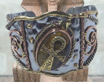 Ankh Charm/Tiger&#39;s Eye cuff bracelet. #Ancient Egyptian #KemeticEgyptianJewelry #Ankh #TigersEye