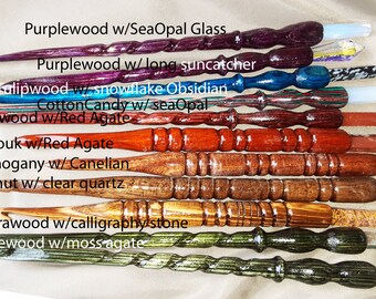 Crochet hook crystal Wand, 7.5" , real Crystal set into end, hand- turned natural and dyed colors.