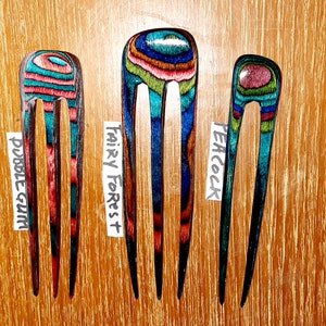 3 prong wooden hair comb fork, select length & color, hand shaped of colored hardwood.