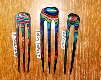 3 prong wooden hair comb fork, select length & color, hand shaped of colored hardwood.