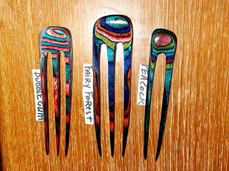 3 prong wooden hair comb fork, select length & color, hand shaped of colored hardwood. image 1