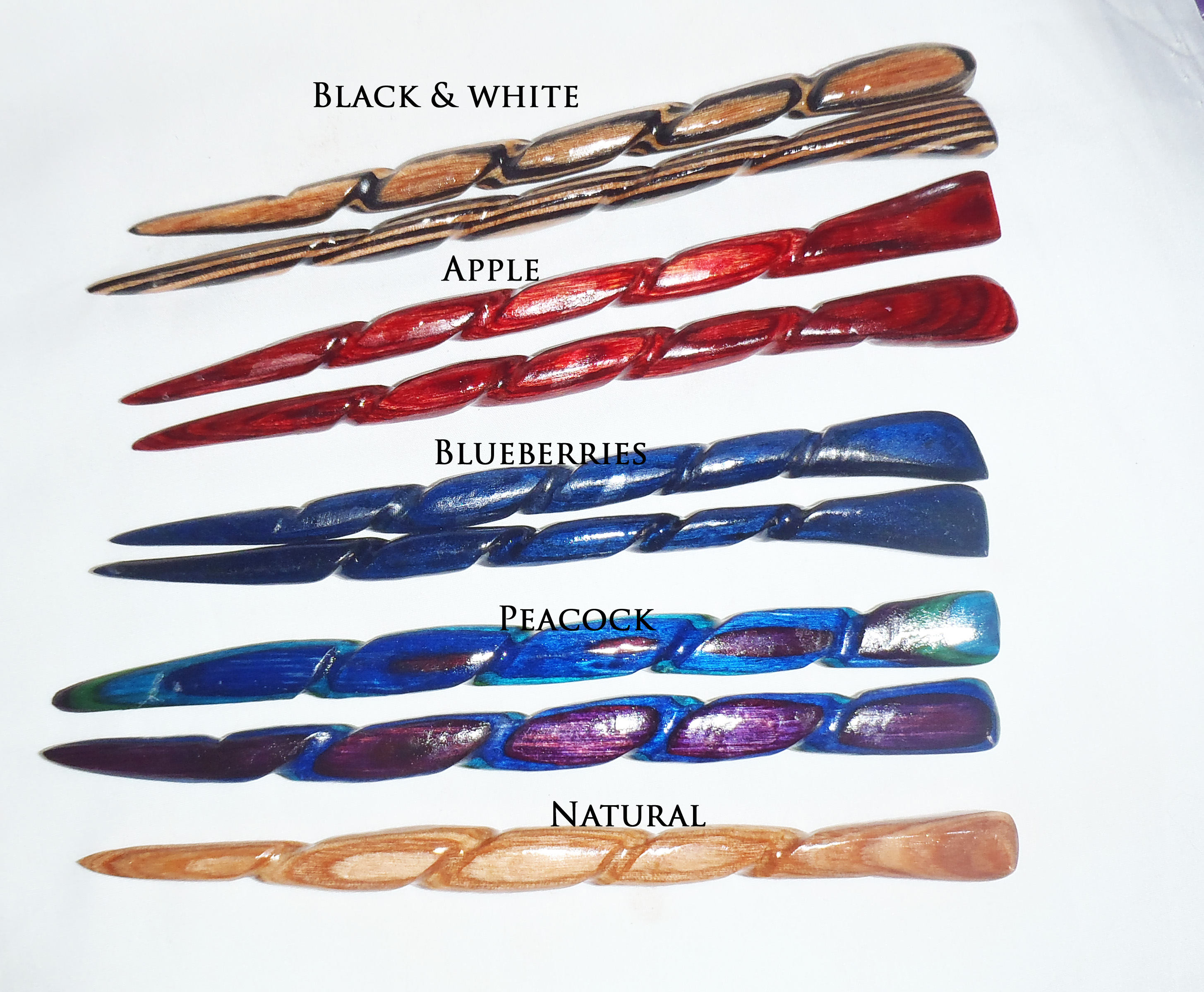 Pair Hair stick organic shaped spiral wand of twisted colored wood