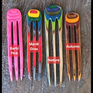 3 prong wooden hair comb fork, select length & color, hand shaped of colored hardwoods.
