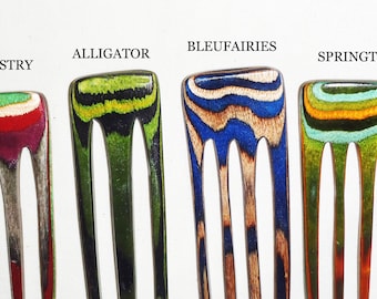 4 prong wooden hair comb fork, hand shaped of colored resin hardwood