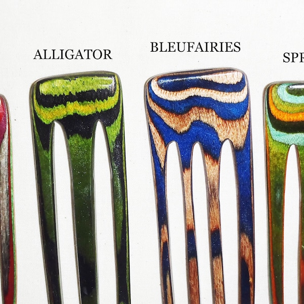 4 prong wooden hair comb fork, hand shaped of colored resin hardwood