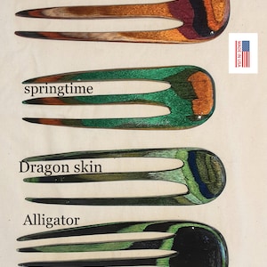 3 prong wooden hair comb fork, select length & color, hand shaped of colored hardwood.