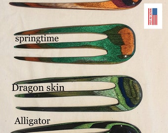 3 prong wooden hair comb fork, select length & color, hand shaped of colored hardwood.