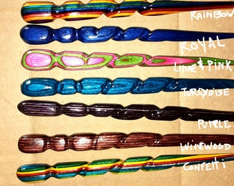 Crochet hook 6.5" Spiral, One Hook,  NO crystal, colored natural burch wood, hand-turned Spiral handle shaft.