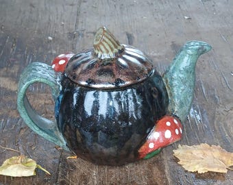 Pumpkin n mushrooms Teapot ceramic tea pot. Hand-dug black local clay, hand formed, highfire glaze. 15 oz.