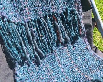 handwoven scarf. 12" by 56" long. Wool Angora alpaca blend yarns.