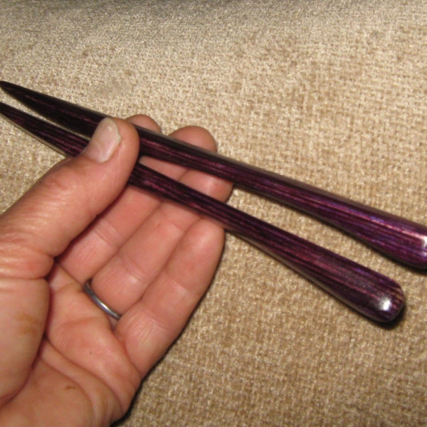 Pair single hairsticks, hand shaped (not turned) of color wood. Choose length.  Strong and stout. Choose from colors.