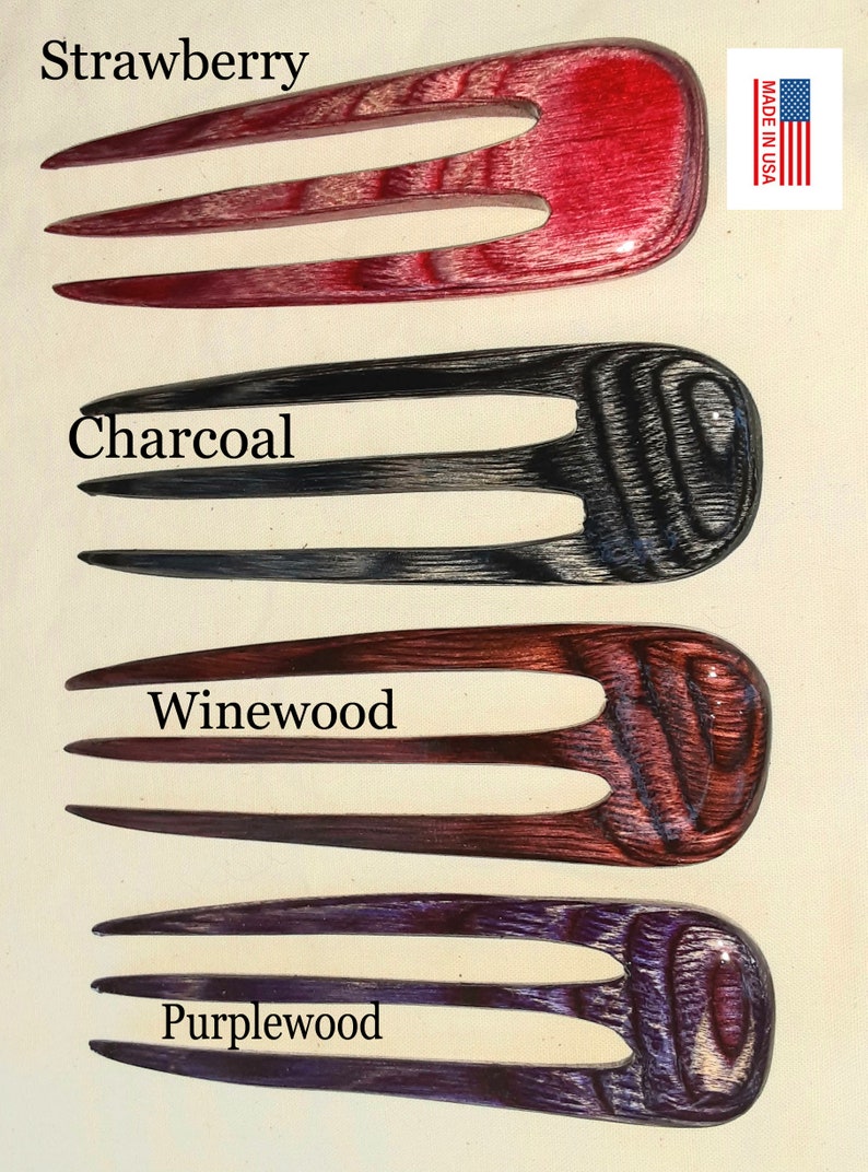 3 prong wooden hair comb fork, select length & color, hand shaped of colored hardwood. image 4