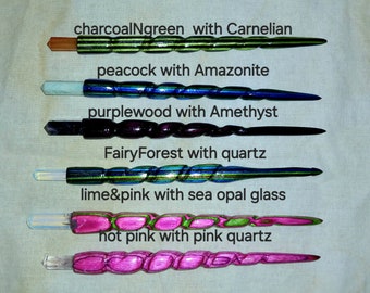 Wands PAIR Hair sticks (2) with crystal 7" Spiral turned wand of wood with inset crystal your choice wood color and crystal type.