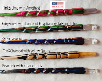Crochet hook crystal spiral Wand, 7.5" , real Crystal set into end, spiral hand- turned natural and dyed colors.