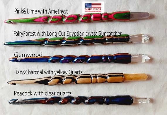 One Crochet hook 1 crystal spiral Wand 7.5 real Crystal set into end spiral hand turned natural and dyed colors