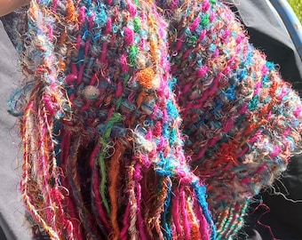 Recycled Sari Silk yarn, handwoven scarf. 12" by 60" long.
