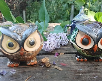 Owl box stash figurine or tea cups various stoneware clay, gas fired, raku, complex metallic glazes