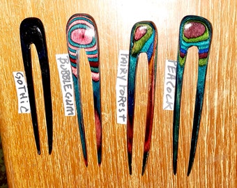 2 prong wooden hair comb fork, choose length, hand shaped of colored hardwood, choose length & color.