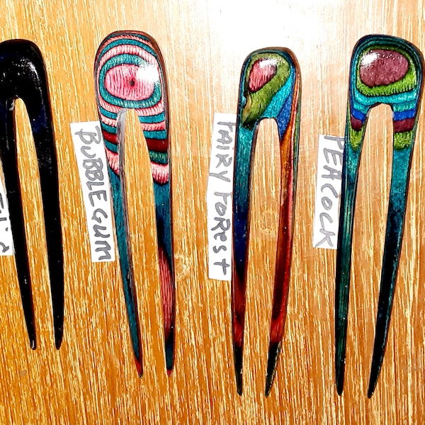 2 prong wooden hair comb fork, choose length, hand shaped of colored hardwood, choose length & color.