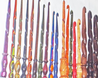 SETs of Crochet hook Wand, 6 3/4" NO crystals, hand spiral turned colored woods, type size n colors into BUYER NOTES