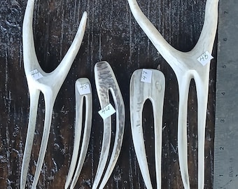 Hair prong fork comb of natural shed deer antler. Hand shaped , NO dyes.