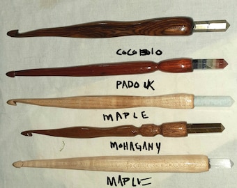 Crochet hook crystal spiral Wand, 7.5" , real Crystal set into end, spiral hand- turned natural hardwoods.  New organic shaped handles.