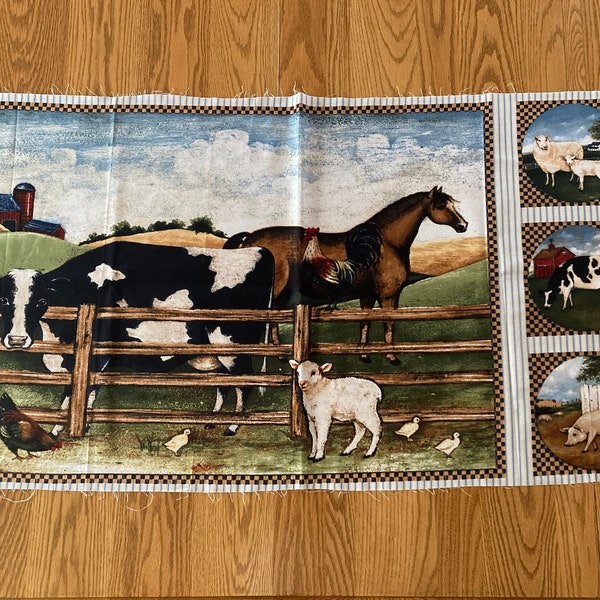 Country Pride Fabric Panel / Farm Animals Fabric Panel / David Carter Brown Fabric by Wilmington Prints / Cow Pig Sheep Chickens Fabric