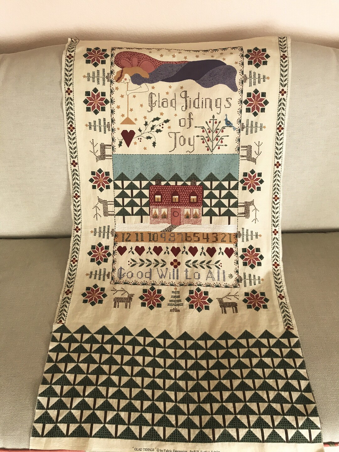 Hand Embroidered Cross Stitched Christmas 43 X 23 Quilt Panel / Hand