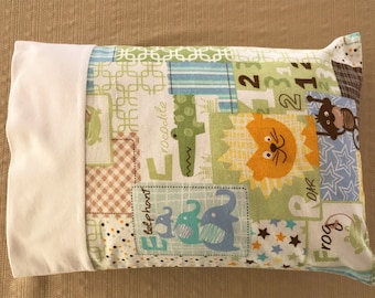 Zoo Animals Flannel Travel Pillowcase: Patchwork Toddler Pillow 14 x 20 Inches