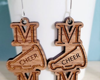 Cheer mom earrings,  Wood megaphone dangle jewelry,  Hypoallergenic cheer mom gift, Mother's Day earrings, Lightweight cheer earrings