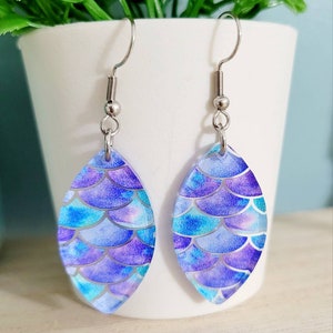 Mermaid earrings,  Fish scale pattern dangle earrings,  Summer earrings for women, Purple and aqua mermaid scale acrylic earrings