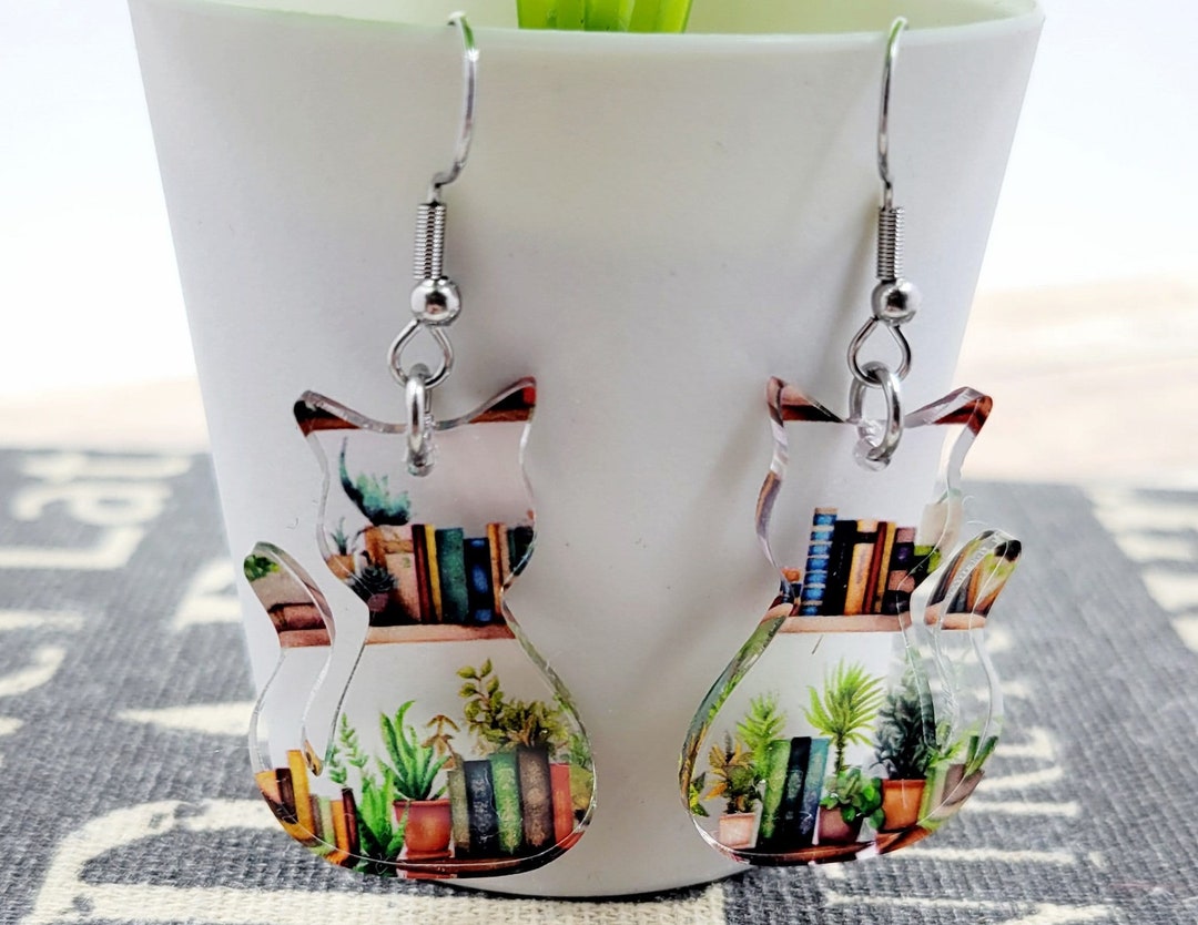 Heart Bookshelf Drop Earrings - Double-Sided Acrylic Dangle Earrings For Book Lovers, Teachers, Graduation - View #7