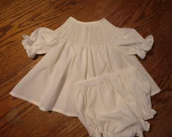 Ready to smock girls shirt and diaper cover, size 12 months, color ecru, ready to ship