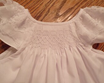 Smocked Baby Dress, 6 mos. size ready to ship, Christening dress, flower girl dress, Angel sleeve baptismal dress in white