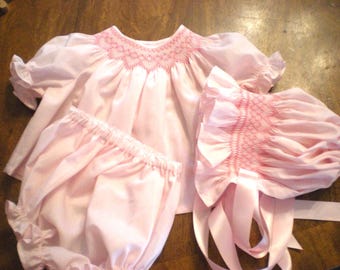 smocked baby girl take home outfit,  newborn diaper shirt set, bonnet, and diaper cover