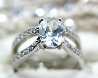 Sterling Silver "Diamond Cut" Crystal Center Ring: Double Silver Pave Crystal Band -Size 7- Really SPARKLES!