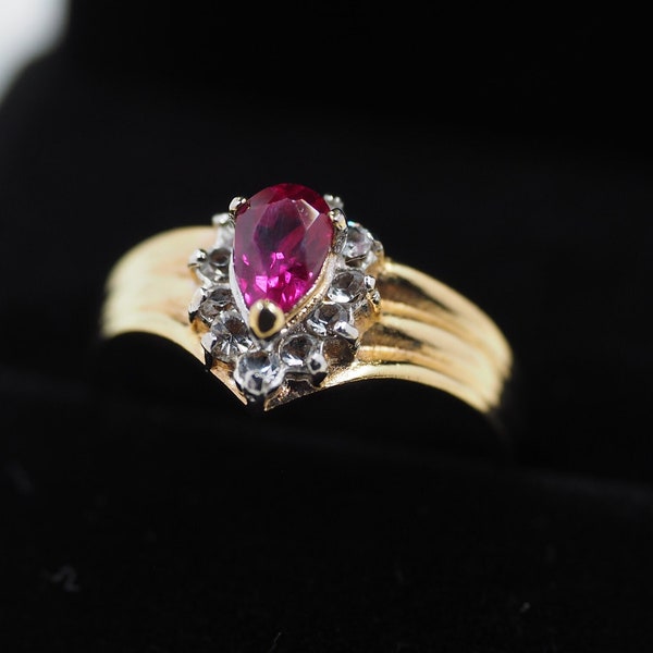 Stunning Genuine Ruby Gemstone 18k GF & CZ Crystal RING -Vintage Estate - Size 7.5 - (Large Sized Gem) Birthday/Graduation/Sweetheart Gift