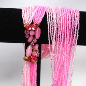 Gorgeous 24&quot; Seed Bead TORSADE Necklace-Multi-Strand Rose Pink/Hot Pink Glass beads w/ UNIQUE Rhinestone & Art Glass CLASP-  Vtg / Gold tone