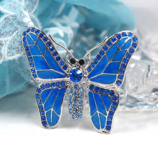 Beautiful 2.25" Royal Blue Butterfly Brooch/Pin (Sapphire Blue Rhinestone/Two-tone Enamel Wings) (Trifari Style/Vtg/Silver Tone) -EXCEL!