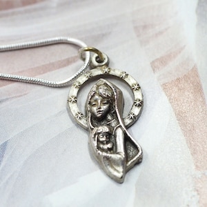 "Süße VTG ""Madonna & Kind"" Sterling Anhänger Halskette (Glaube/Gnade/Liebe)- Einzigartige christliche religiöse Medaille der 1970er Jahre-Halo of Stars Design-EXCEL!"