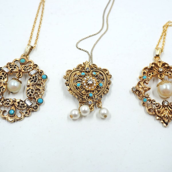 Romantic FLORENZA Gold Necklaces (Turquoise Beads/Glass Pearls/Rhinestones) (3 Different Shapes/Bridesmaid gifts)- Victorian Style -EXCEL!