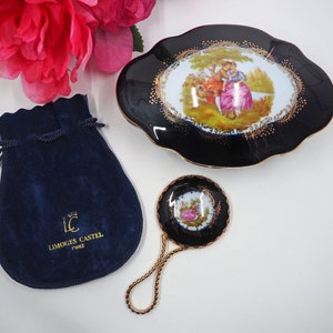 PERFECT 3-pc LIMOGES Castel 22k Gold/Cobalt Blue Porcelain 6" Trinket/JewelryBox + Purse MIRROR & Pouch (Courting Couple) Handpainted/France